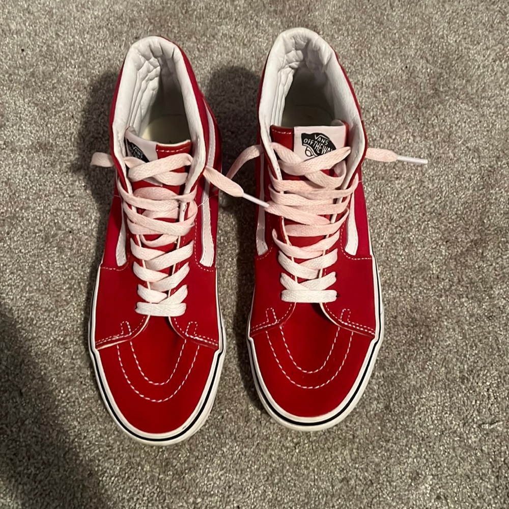 red black and white high top vans no rips or tears comfortable shoes to wear now